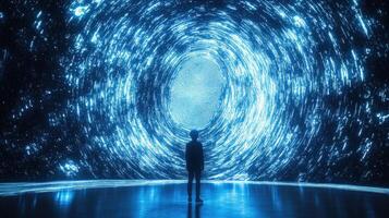 un persona soportes antes de un arremolinándose, luminoso azul túnel foto