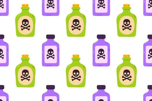 Seamless pattern with poison bottles and skull labels on white background vector