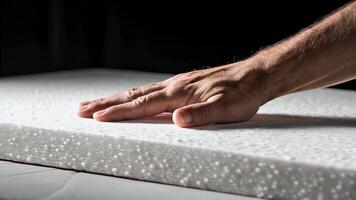 hand brådskande vit Frigolit ark som visar textur och mjukhet stänga upp med naturlig ljus highlighting material detalj i lugna miljö video