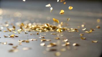Golden leaf sheets scattered softly dark surface create shiny metallic decoration texture with shimmering effect and delicate light reflections motion video