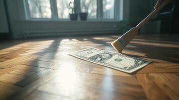 A dollar bill being painted on a wooden floor photo