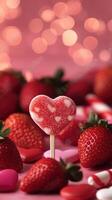 en forma de corazon fresa paleta de hielo rodeado por Fresco fresas y caramelo corazones foto
