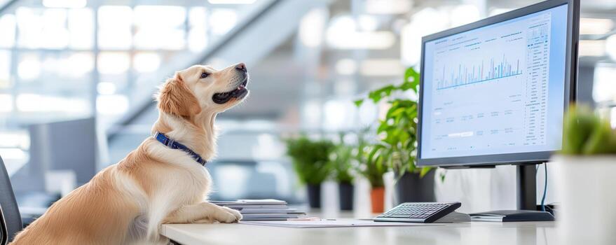 Dog at a desk, looking at a computer screen displaying data photo