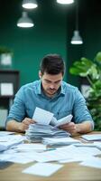 Focused worker amidst paperwork photo