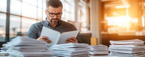 Man reading a book in front of stacks of papers photo