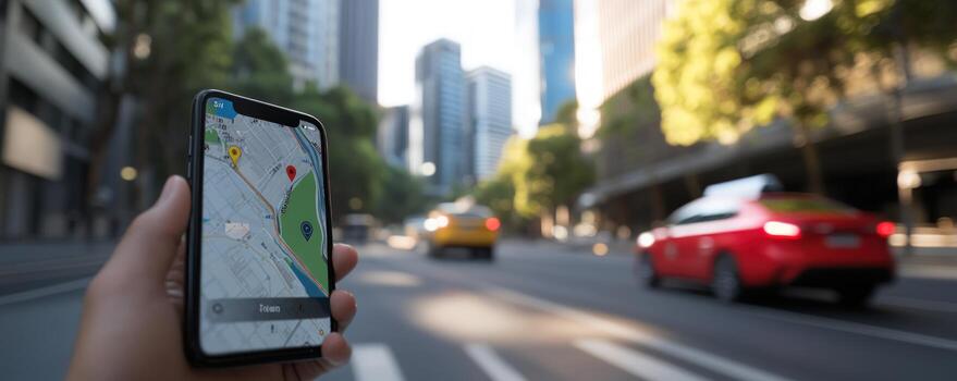 Using a mobile navigation app in a city photo