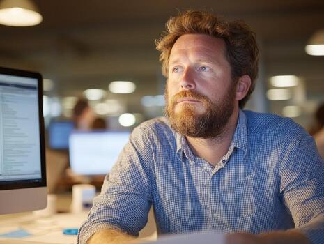 Man working on computer in office focused on technology and innovation photo