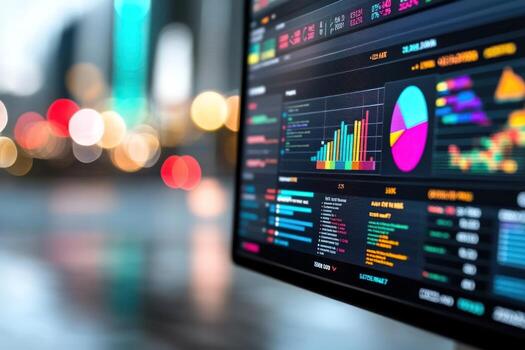 financiero datos desplegado en computadora monitor con vistoso cartas y gráficos foto