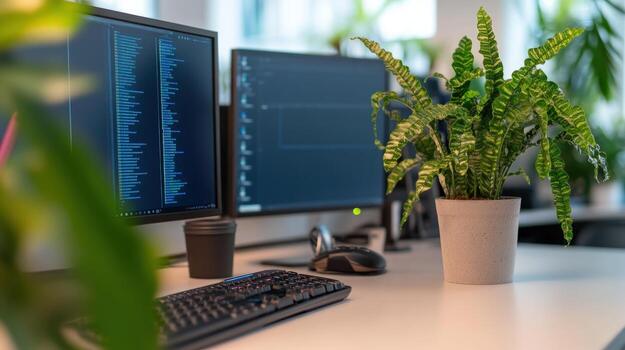 Modern workspace with computer and plant for productivity and technology in a clean office environment photo