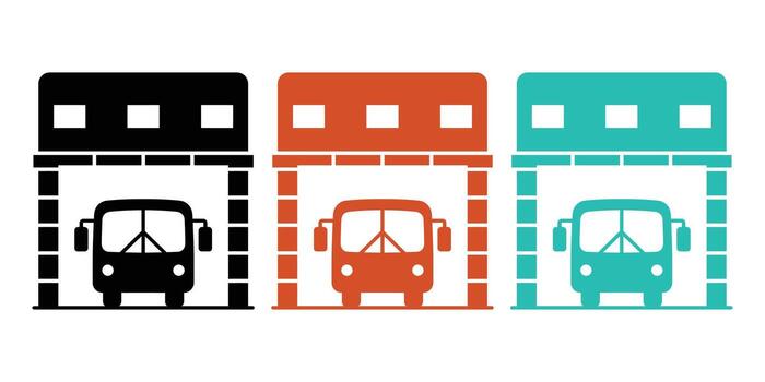Three Color Variations of a Bus in a Garage Icon Illustration vector