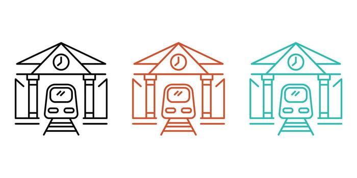 Train Station Icons Set Black, Red, and Teal Linear Illustrations of a Train Arriving at a Classic Station Building with a Clock vector