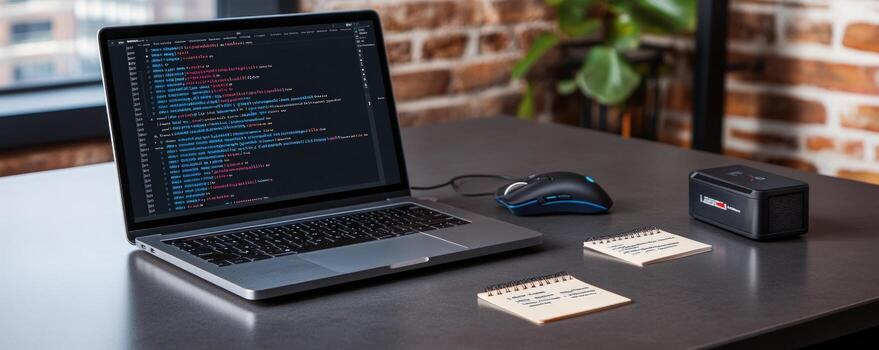 Laptop displaying computer code on desk technology and modern workspace photo