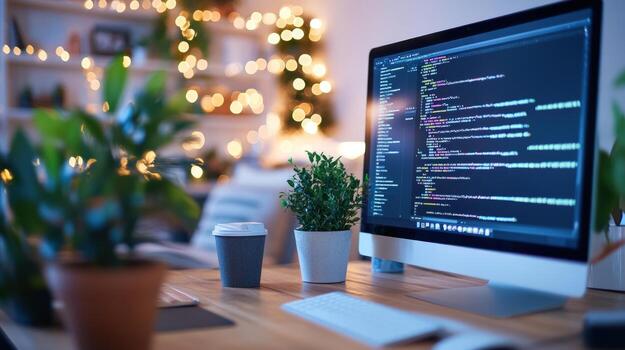 Computer screen displaying code on desk with plant and coffee cup technology and modern workspace photo