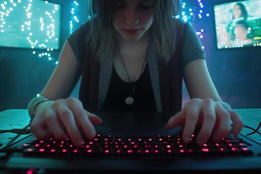 Focused typing on a red backlit keyboard in a modern tech setting photo