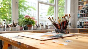 Art studio still life with paintbrushes and palette on wooden table photo