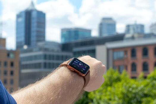 Smartwatch on wrist tracking health data in urban setting modern technology displaying metrics photo