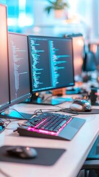 Modern workspace with code on computer screens and illuminated keyboard technology photo