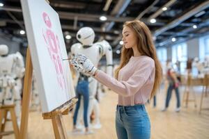 Human artist and robot collaboration painting on canvas together in tech studio photo