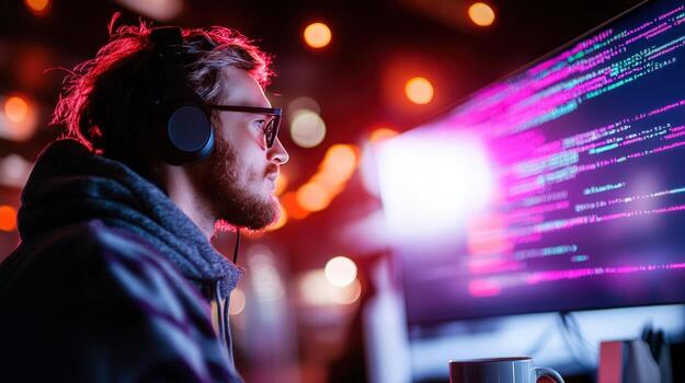 Person coding on computer screen surrounded by red light technology concept photo