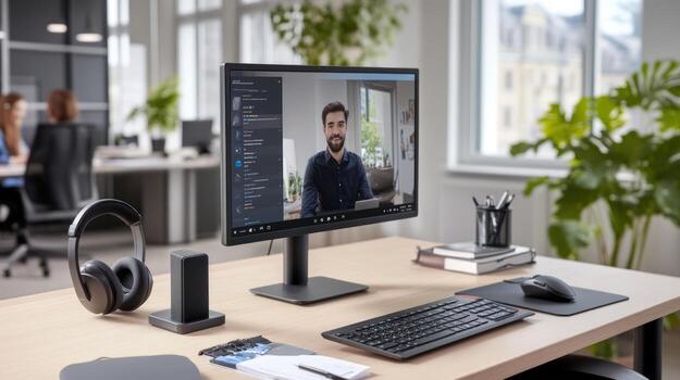 Modern office setup with call on computer monitor technology for business communication and productivity photo
