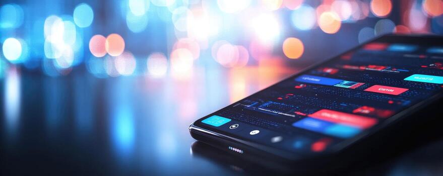 Mobile device displaying data application on dark surface with bokeh lights photo