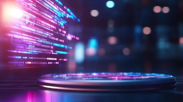 Abstract data streams on illuminated platform technology background photo