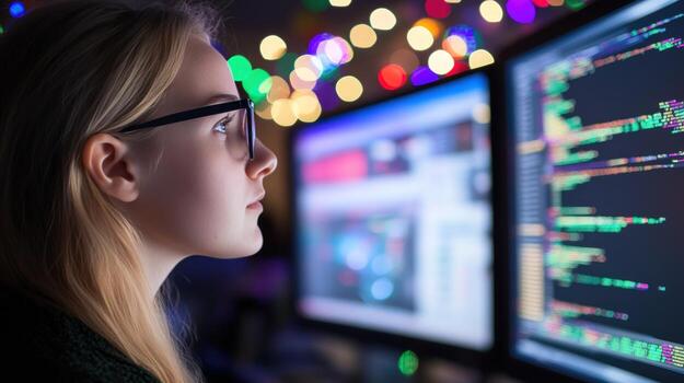 Focused young programmer coding on dual monitors technology photo