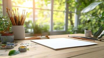 Art supplies on wooden table with blank canvas and paintbrushes in natural light photo