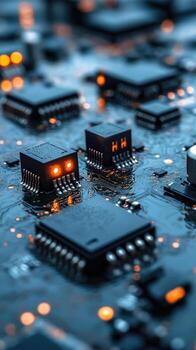 Advanced circuit board with integrated microchips technology photo