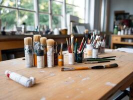 Paintbrushes and paint tube on wooden table art still life composition photo