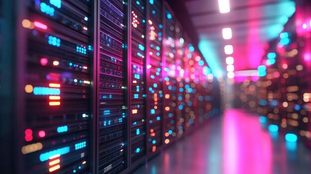 Server racks in data center with glowing lights for it infrastructure and data storage photo