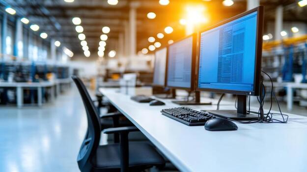 Modern office setup with computers and white desks in a technology environment photo