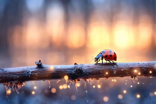 Ladybug perched on branch illuminated by a soft dreamy bokeh background photo