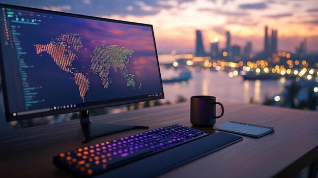 Workspace with computer displaying world map code overlooking cityscape at sunset modern technology and global connectivity photo