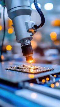 Robotic arm precisely manipulating circuit board in automated technology and manufacturing photo