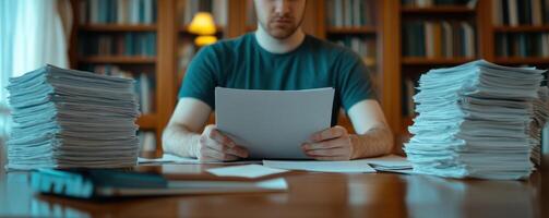 Overworked employee surrounded by paperwork and documents at desk photo