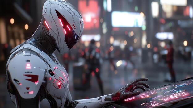 Android operating futuristic computer in urban technological environment photo