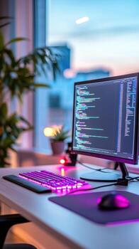 Modern computer workstation with code on screen keyboard mouse and desk photo