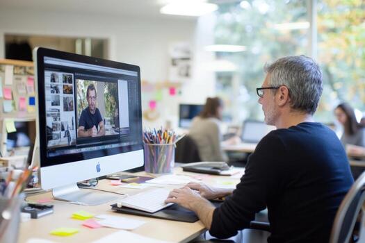 Man working at computer in bright office participating in a call photo