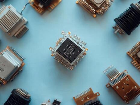 Computer processors and heat sinks array on pale blue background overhead composition technology and electronics photo