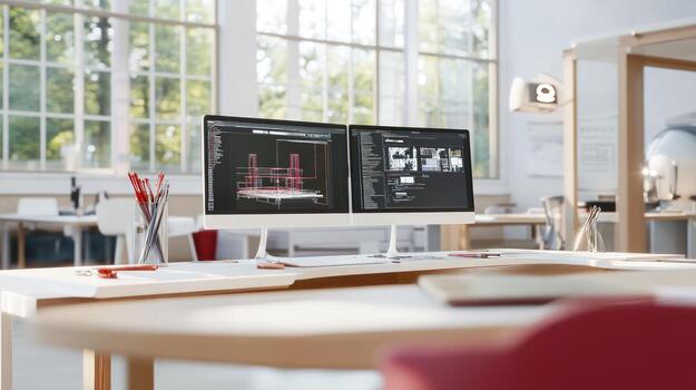 Modern workplace with computer screens displaying engineering and software designs photo