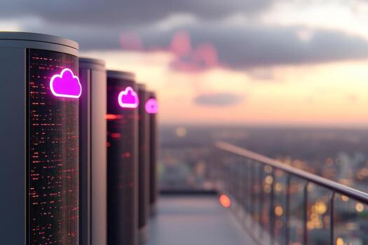 Cloud computing servers on cityscape sunset background for digital technology and network solutions photo