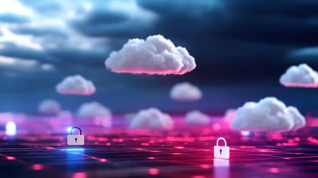 Cloud security with padlock icons and glowing network concept for data protection photo