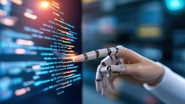 Robotic hand interacting with data code on screen artificial intelligence automation photo