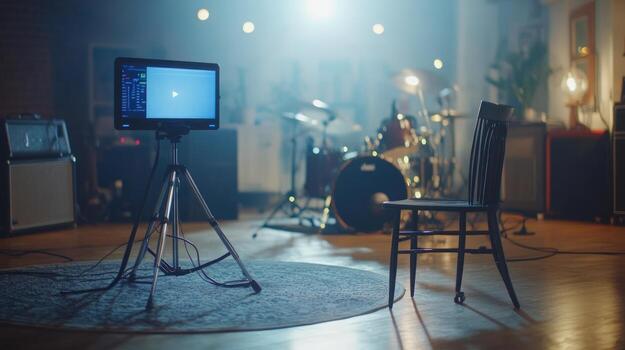 Digital audio workstation recording studio setting with drum set and monitor displaying audio editing software photo