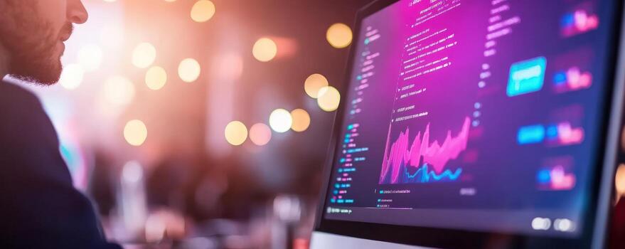 Man analyzing data on computer screen with code and graph digital technology photo