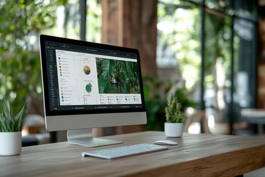 Desktop computer displaying data visualization in a modern workspace photo