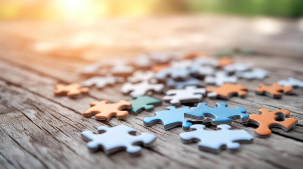 Puzzle pieces on wood surface problem solving strategy connection concepts photo