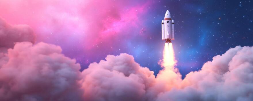 cohete lanzamiento dentro espacio con vistoso nebulosa y nubes exploración tecnología foto