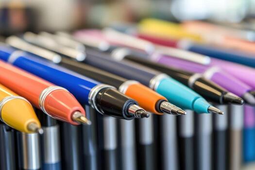 Array of colorful pens for writing and drawing close up macro photo